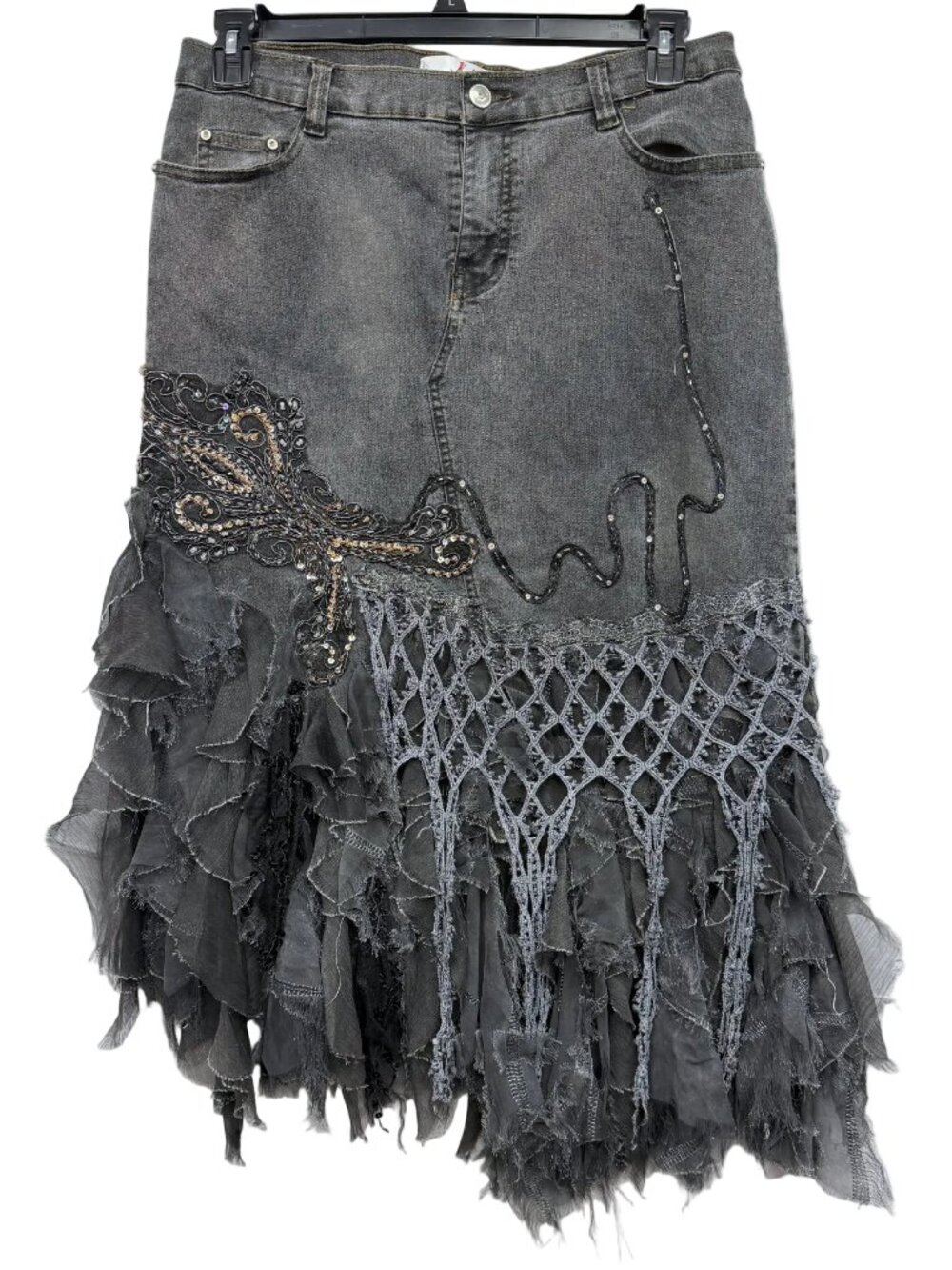 Rossi Roma Italy designer embellished beaded black denim skirt Stevie Nicks